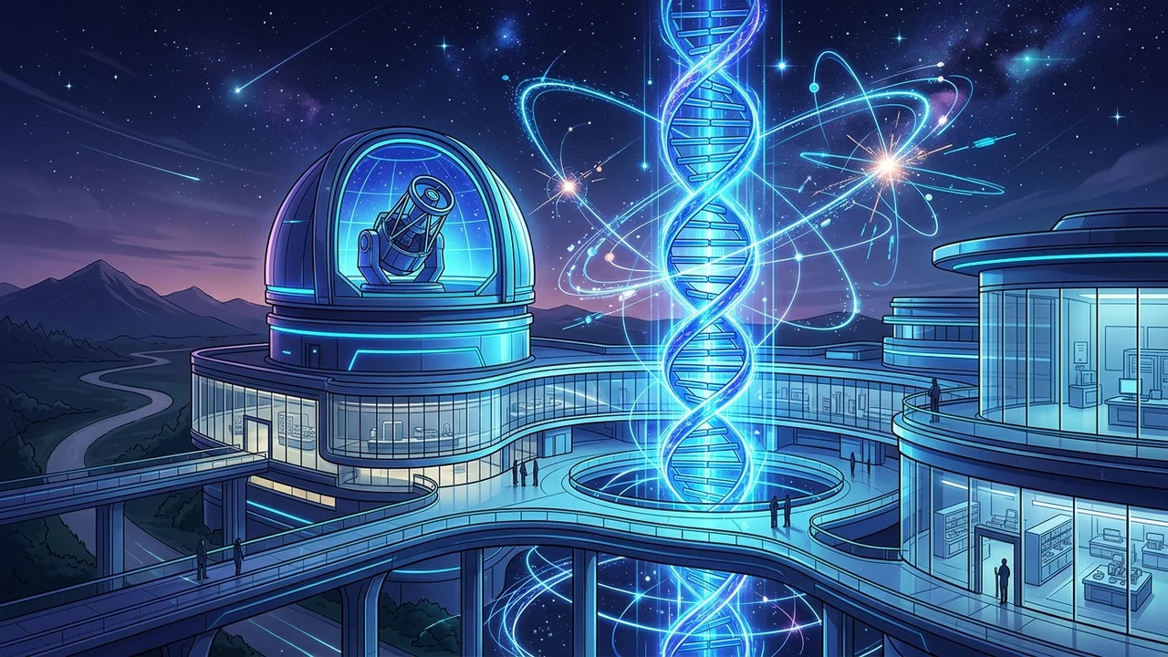 천체 관측 돔과 푸른 DNA 나선, 첨단 과학 아카데미 건물을 배경으로 한 경기과학고등학교 영재학교 전형 시각 인포그래픽