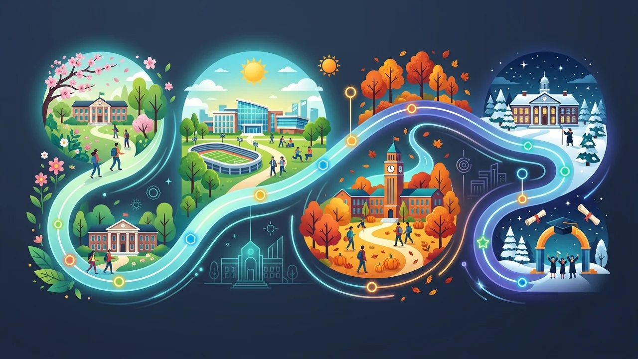 봄(영재학교), 늦여름(과학고), 가을(모집요강 확정), 겨울(자사고·외고·국제고)로 이어지는 2027학년도 고입 전형의 4계절 여정 인포그래픽